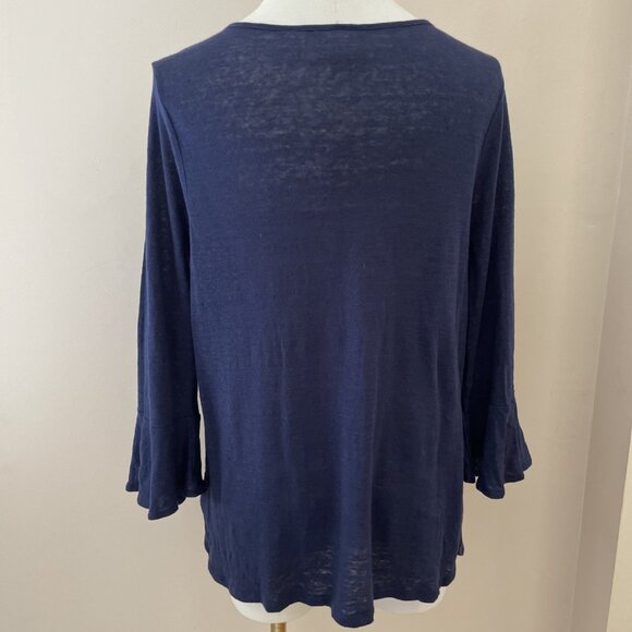Cynthia Rowley 100% Linen Top Blouse Size L Blue Bell Sleeve Boho Lagenlook - Picture 4 of 8